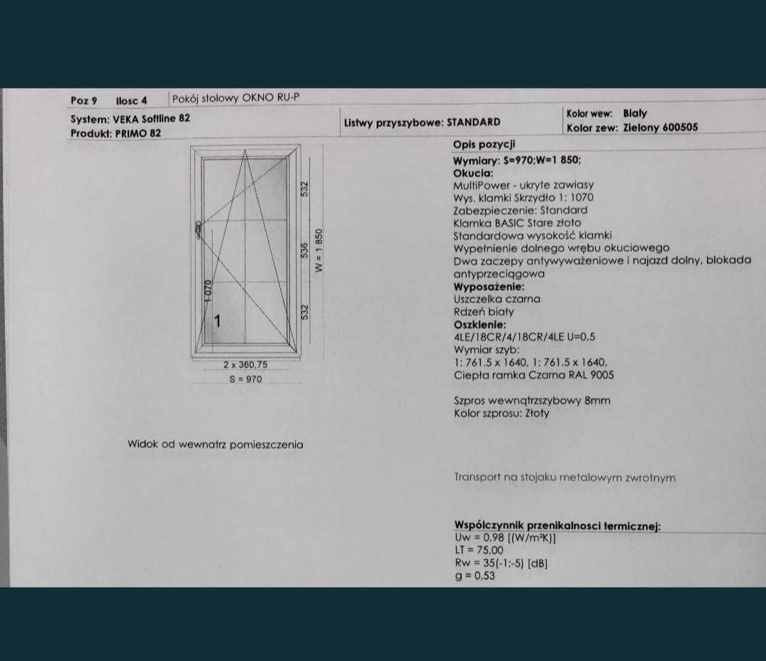 Okna PCV Wiśniowski Veka82 z roletą nadstawną SUPER CENA 970 x 1850 mm