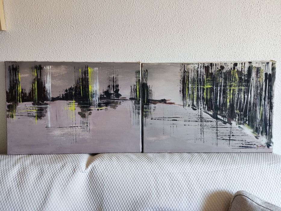 Duas telas pintadas pelo o Bruno Duarte um díptico tema "o lago"