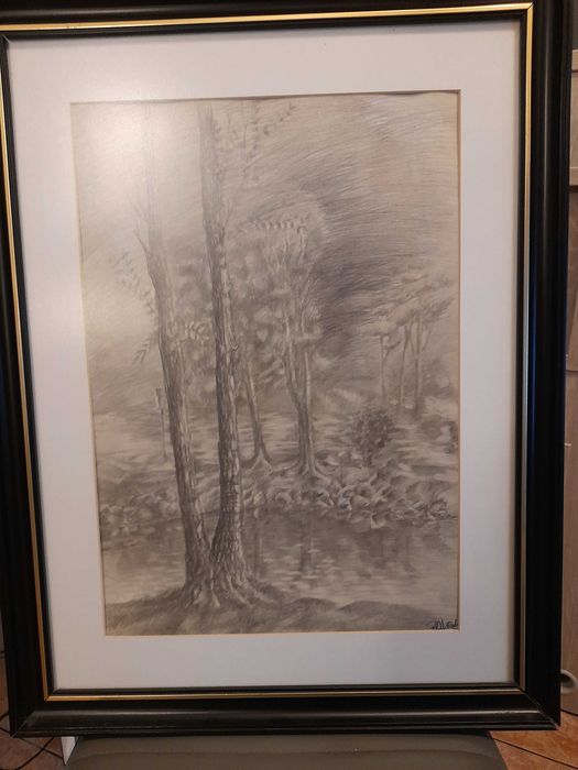 Pejzaż LAS grafitowy w ołówku oprawiony w ramie za specjalnym szkłem