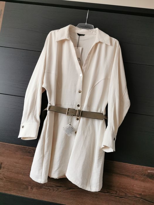 Śmietankowa sukienka zara suknia z paskiem koszulowa XL 42