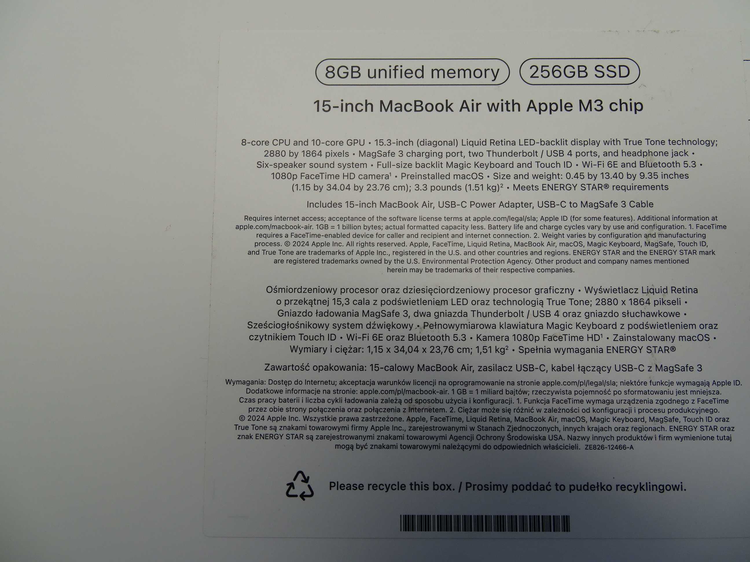 777/ Jak nowy Macbook Air 15" M3 2024 / 8gb+256gb/ bat: 12 cykli