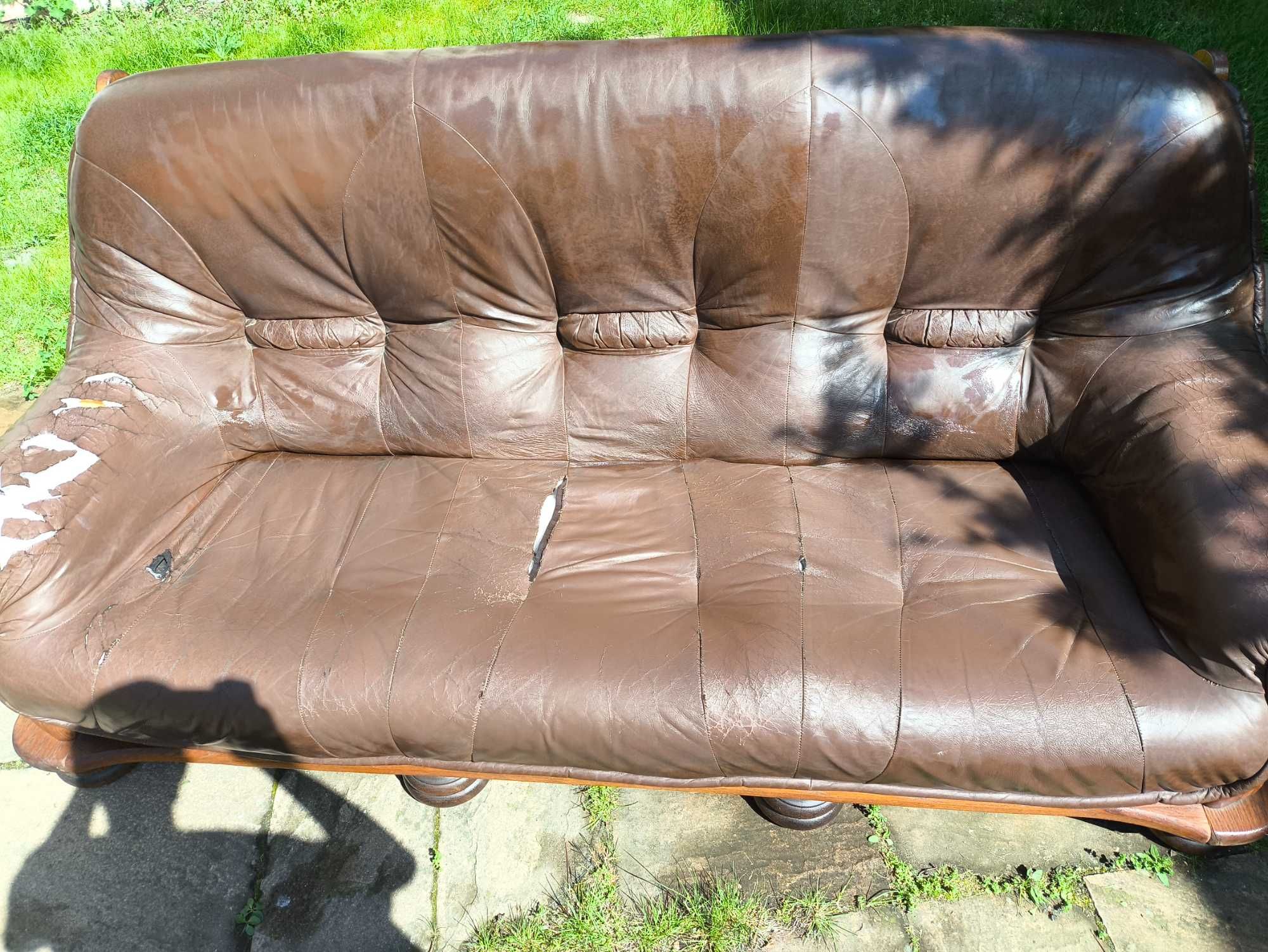 Kanapa sofa 3 osobowa drewno, skóra