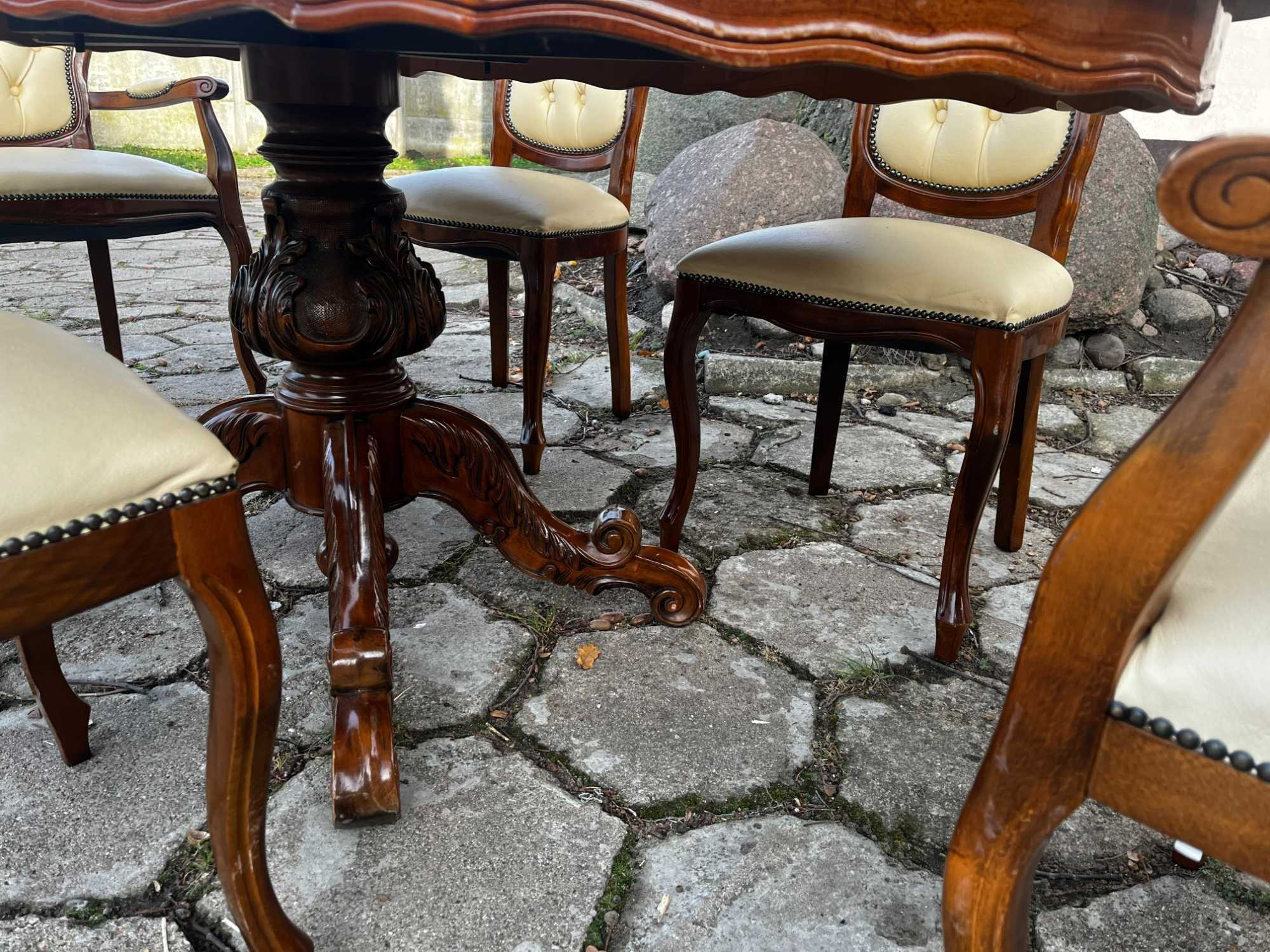 Włoski stół i 6 krzeseł intarsją skóra ludwik