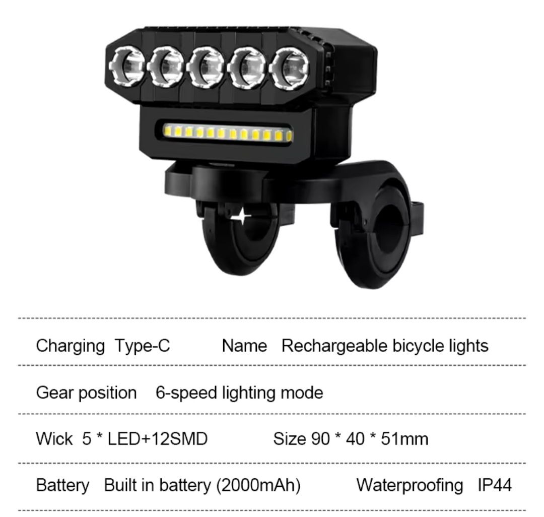Вело фонарь 5 LED + 12 SMD, TYPE-C, IP 44