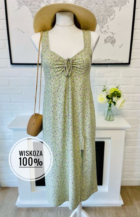 Wiskozowa pistacjowa sukienka midi w kwiaty z rozcięciem Motel r. S 36