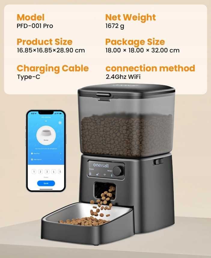 ONEISALL Automatyczny Podajnik Karmy 1,2kg WiFi Aplikacja Kot Pies