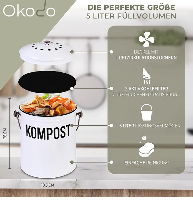 Kompostownik Okodo z filtrem węglowym pojemnik na odpady 5 litrów
