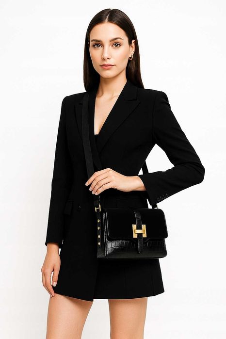 Torebka Damska Listonoszka Na Ramię Czarna Skóra Ekologiczna Zamsz