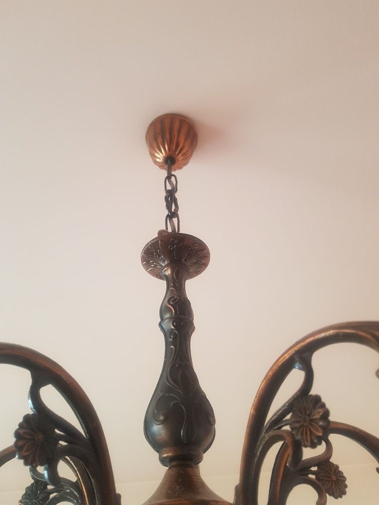 Żyrandol duży lampa metal różowy miedziany brązowy klosz szkło kwiaty