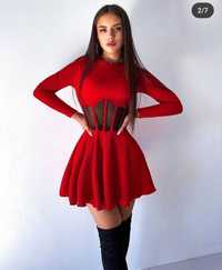 Сукня мустанг рубчик червона, платье красное рубчик, имитация корсета