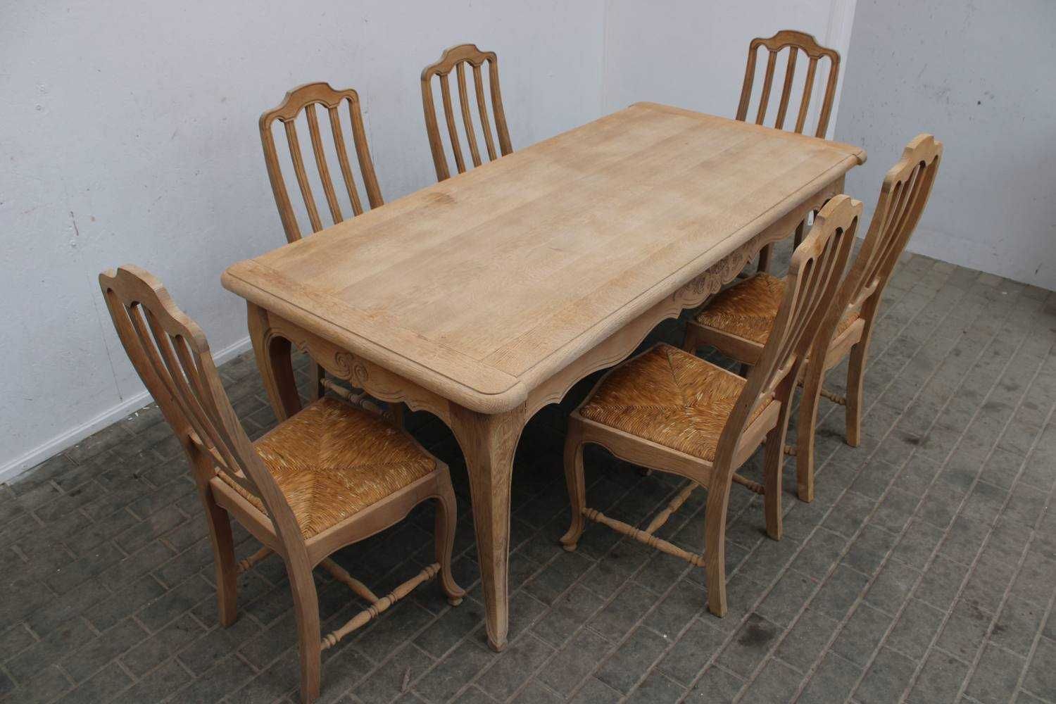 Dębowy oczyszczony komplet stół + 6 krzeseł lite drewno 386