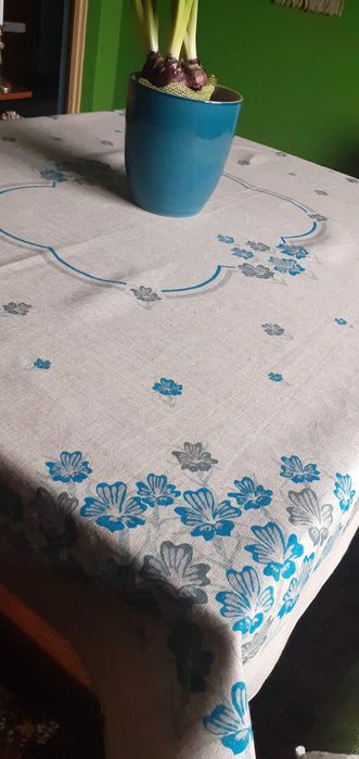 Obrus lniany Turkusowe kwiaty