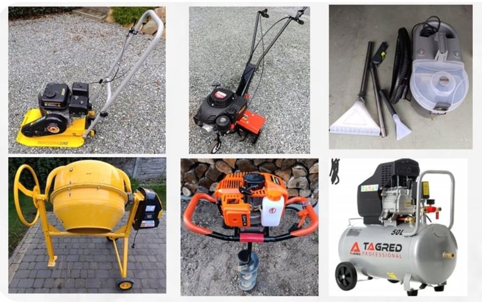 Wynajem, zagęszczarka, glebogryzarka,,Wiertnica do gleby, kompresor50l