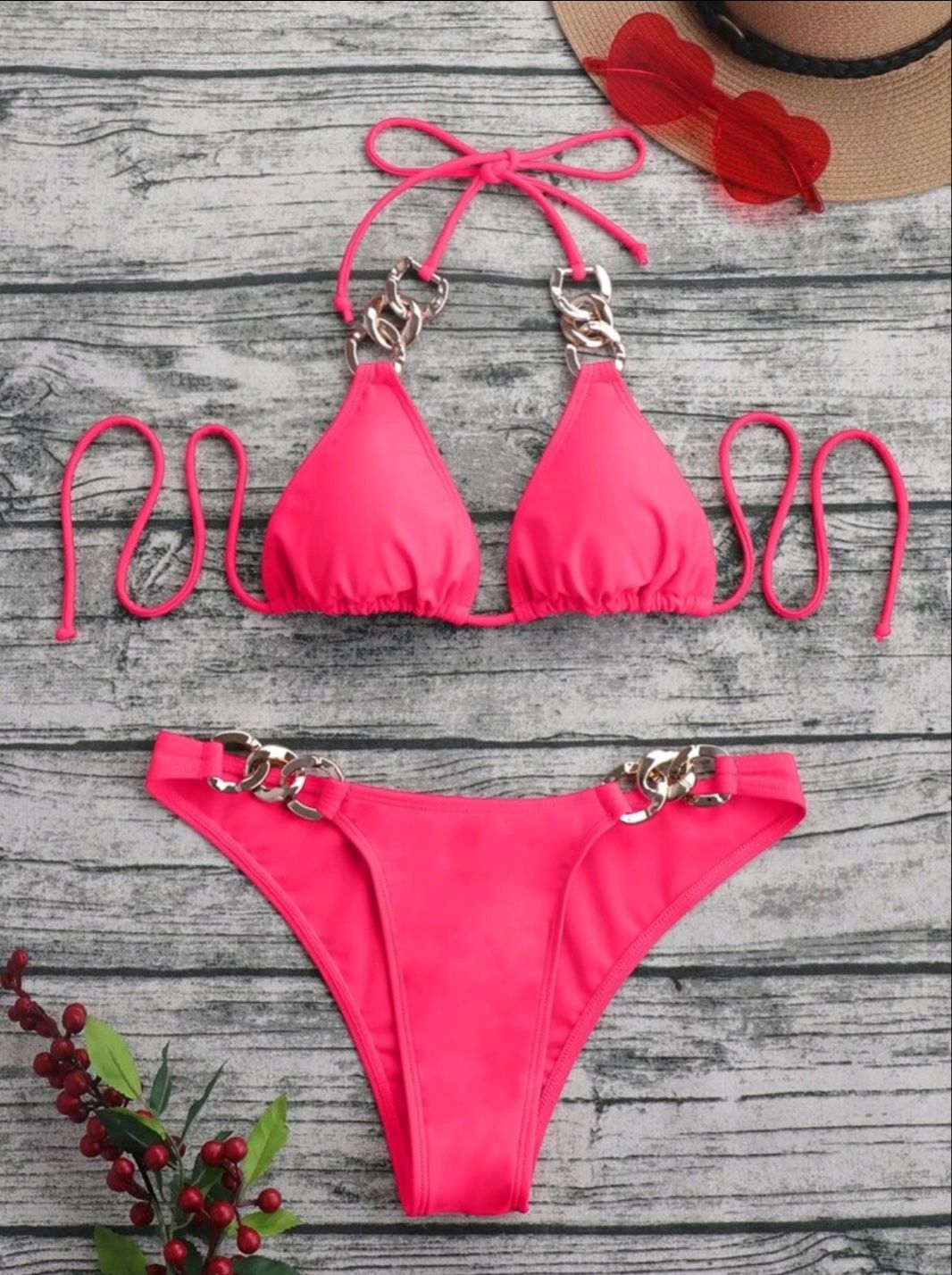 Bikini strój kąpielowy neon różowy złote łańcuchy s/m