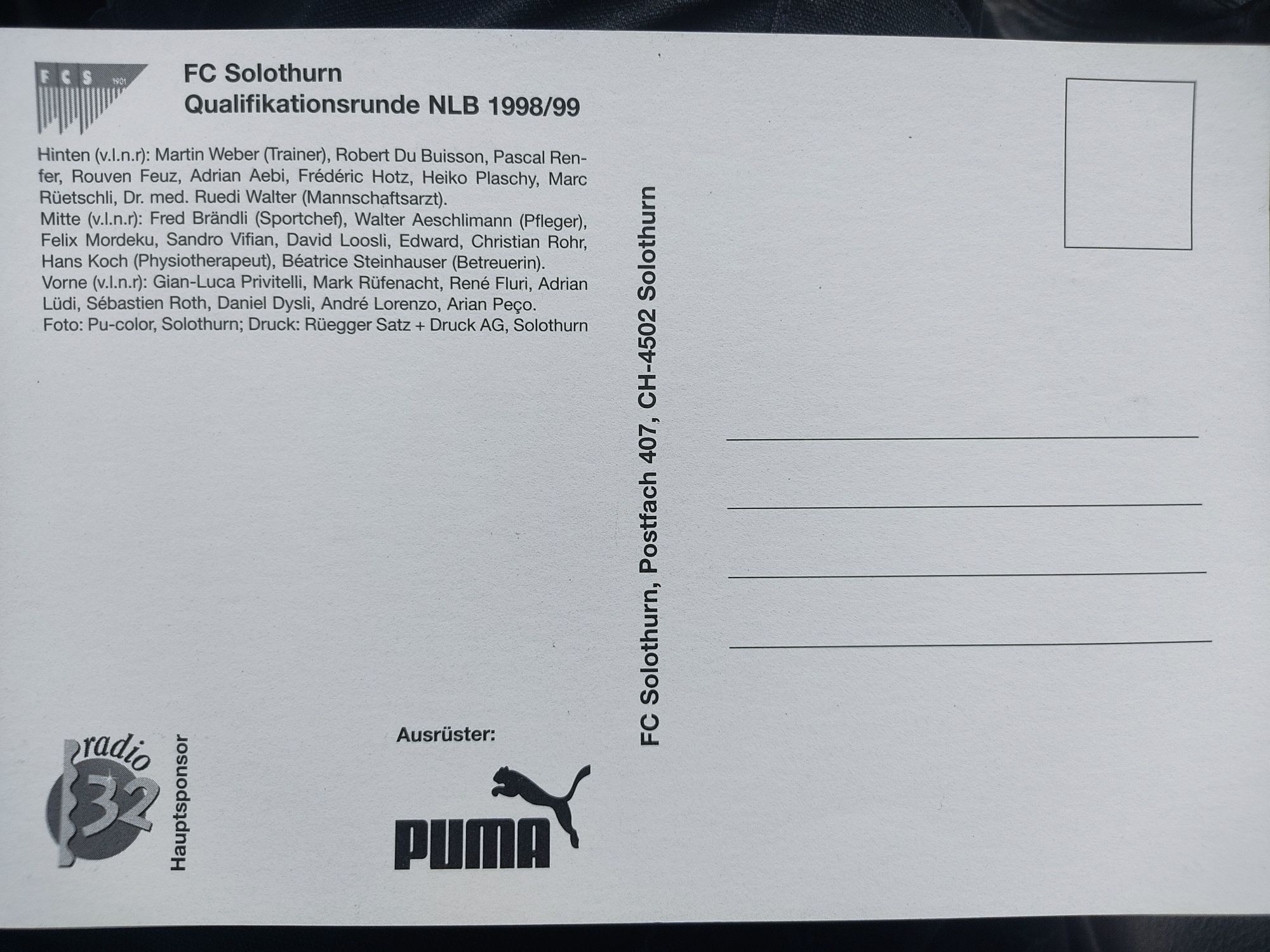 Postal do FC Solothurn Suíça 1998 e 1999