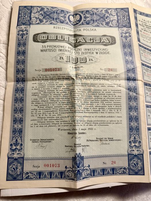 Obligacja 3% Premjowej pozyczki 1935rok