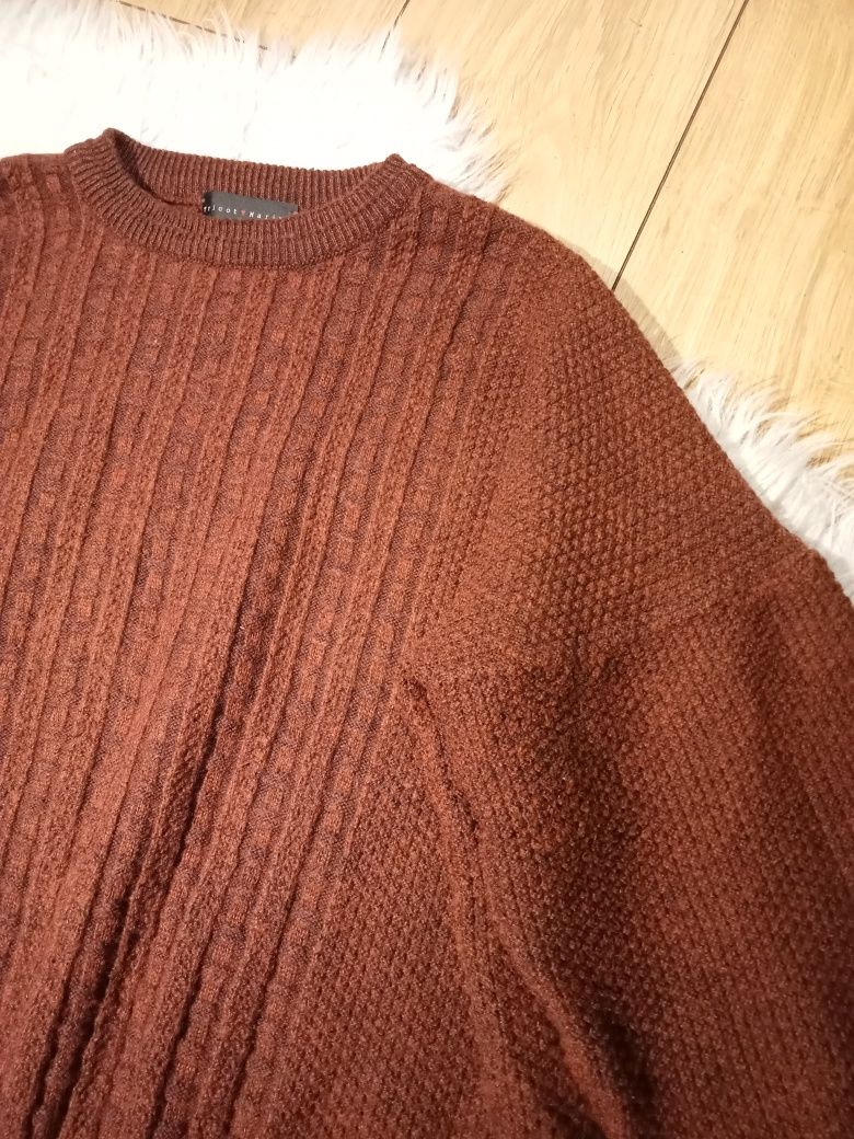 Sweter wełniany 50% wełna pleciony warkocze XL