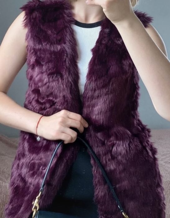 Bordowe śliwkowe futerko kamizelka futro bezrekawnik pleciony S