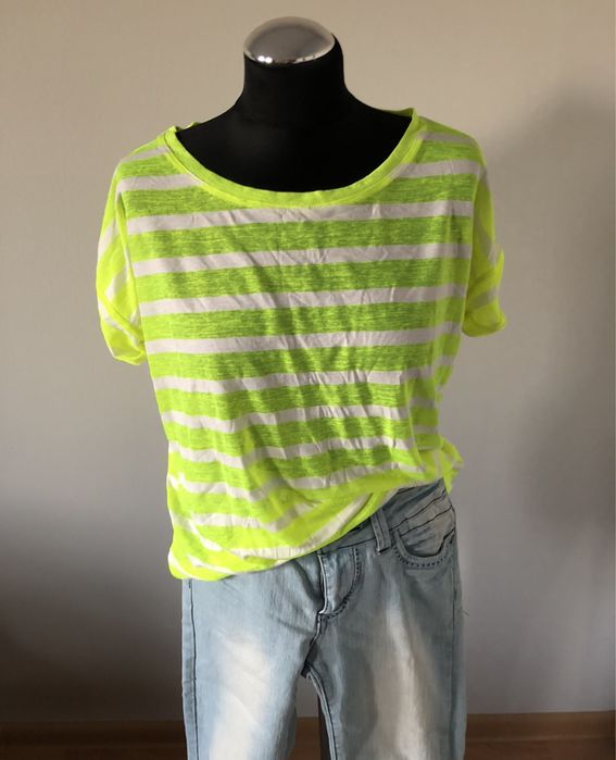 Fluorescencyjna bluzka bialo- limonkowa w paski