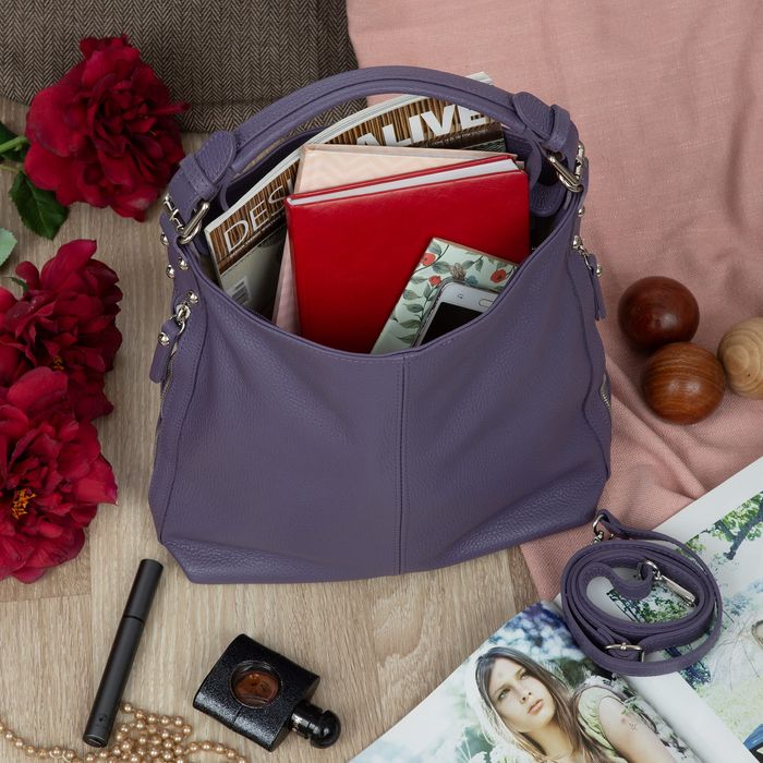 VERA PELLE torebka skórzana elegancka worek z paskiem V566 lawendowa