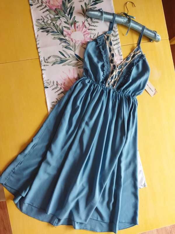 Sukienka letnia midi BOHO ozdobny dekolt kolor morski S M L