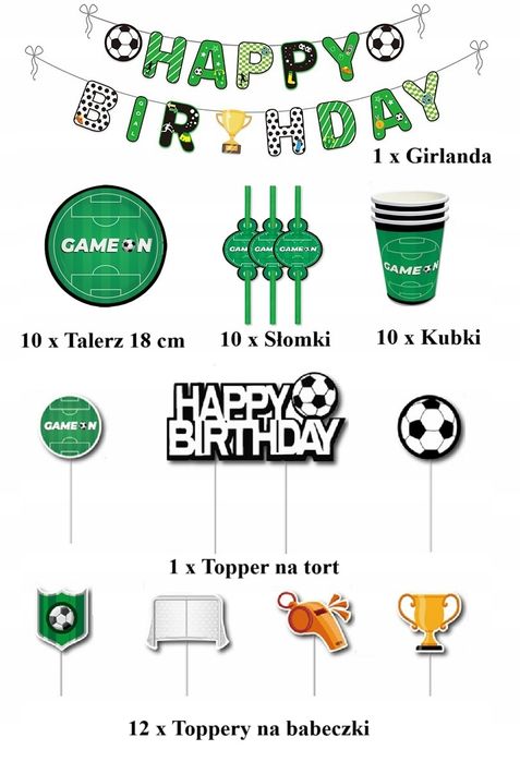 Oro Party Zestaw Dekoracji Piłka Nożna Kubki Talerze Słomki