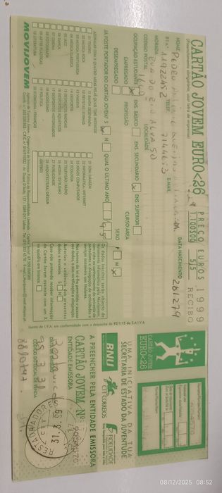 Cartão Jovem Recibo 1999