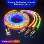 Kable przewód ładowania transmisji danych 3 w 1 RGB, szybkie ładowanie