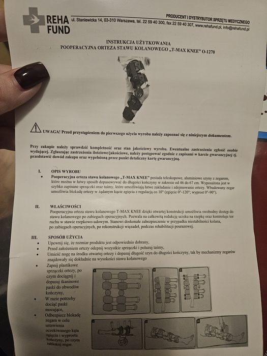 Pooperacyjna orteza stawu kolanowego w dobrym stanie