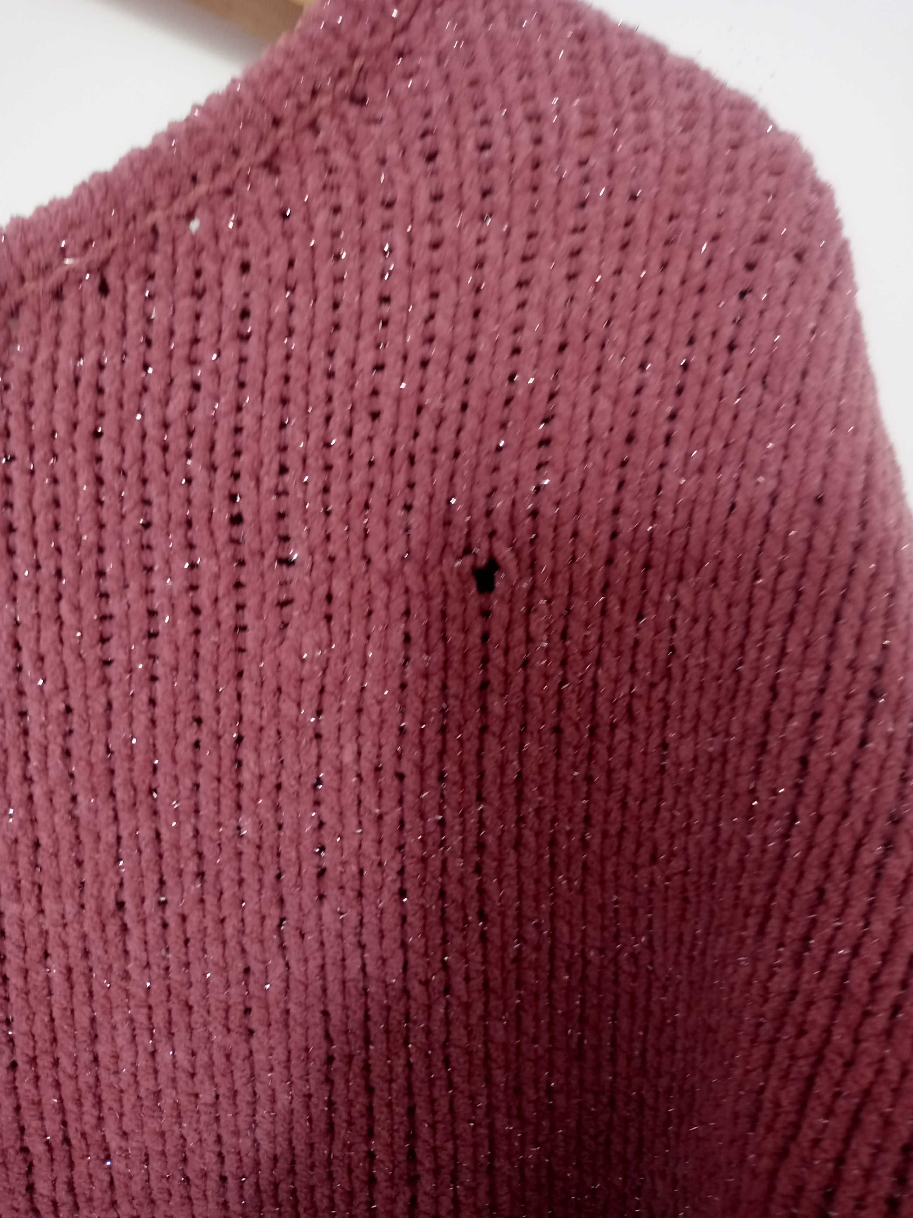 gruby ciepły sweter różowy ze srebrną nitką XL XXL