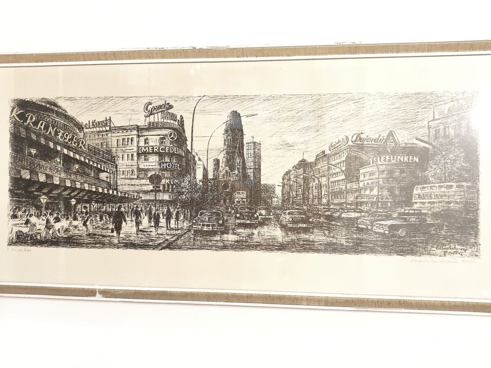 Antiga litografia alemã "Kurfürstendamm Berlin" assinada