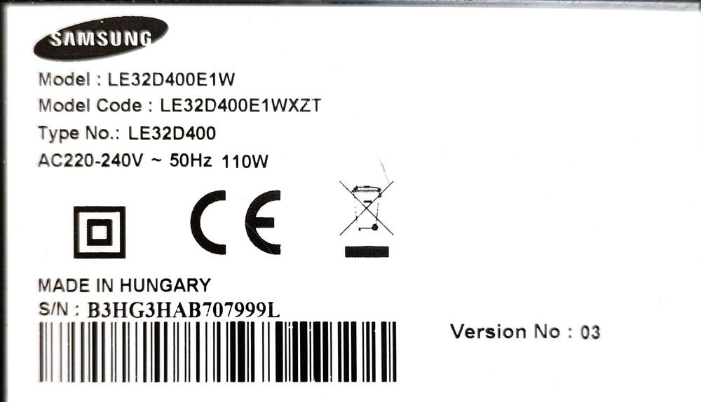Telewizor TV SAMSUNG 32 całe - LE32D400E1W
Model Code: LE32D400E1WXZT