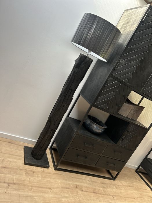 Lampa stojąca czarna drewniana TEAK loft podłogowa driftwood