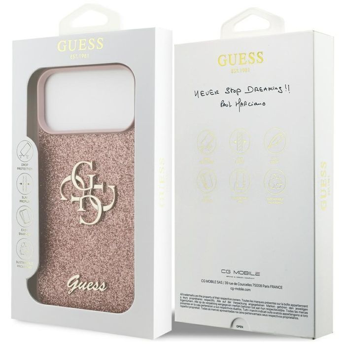 Oryginalne Etui GUESS Fixed Glitter Big 4G do Iphone 17 Pro Max różowy