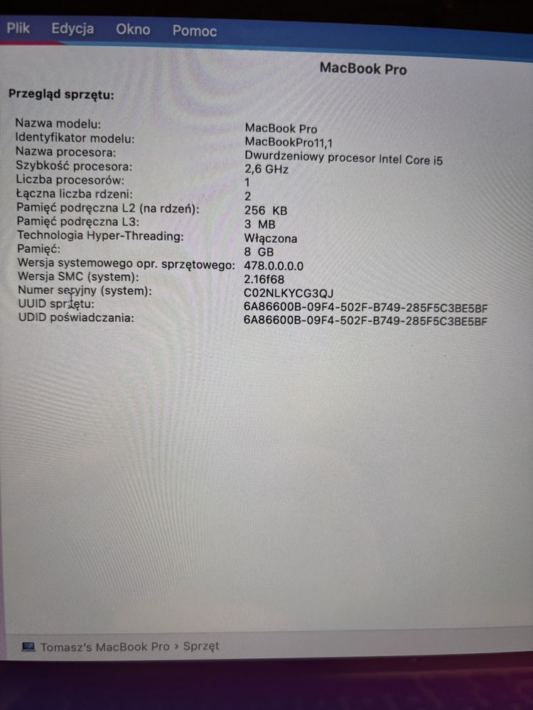 Macbook pro 2014 13 cali 8gb intel core i5
