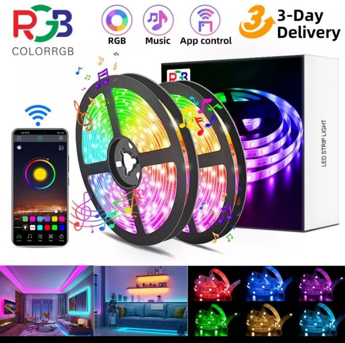 Разноцветная LED лента 5050RGB 5m подключение USB управление смартфон