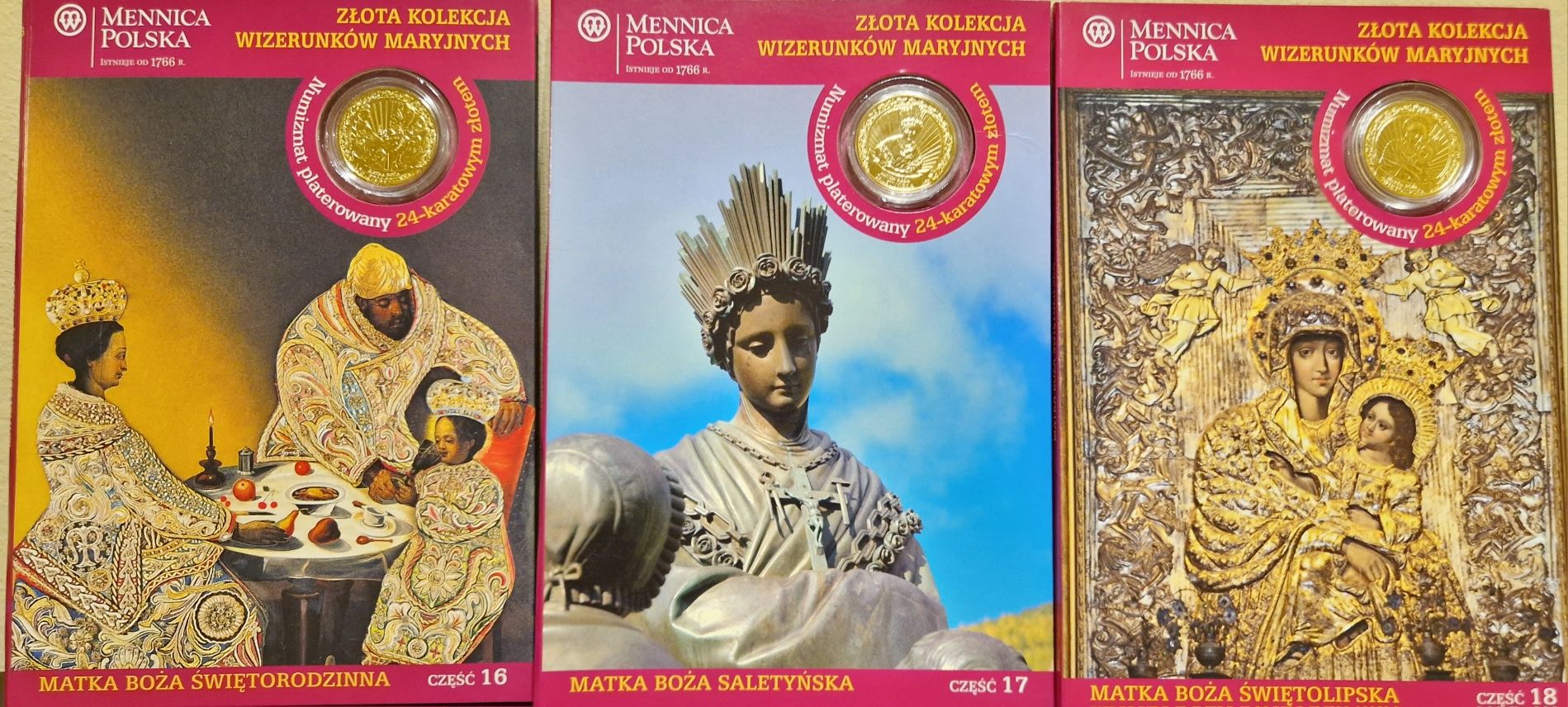 Kolekcja złotych monet z wizerunkami Maryjnymi