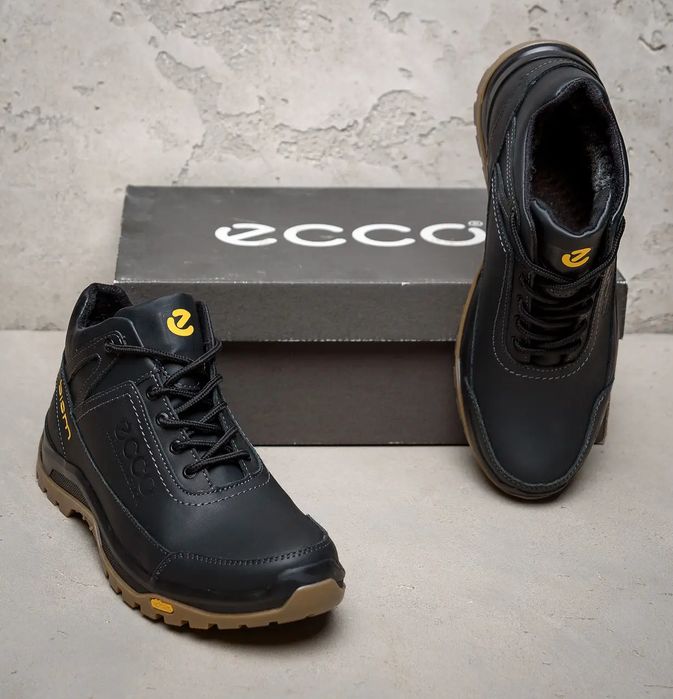 Чоловічі зимові черевики ecco, теплі шкіряні чорні ботінки на зиму