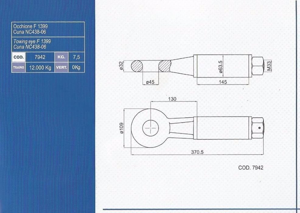 Ucho zaczep dyszla obrotowy Fi45 przyczepa tandem 12T