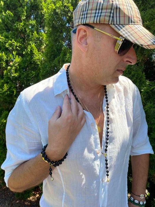 Meska pleciona podwojna bransoletka rozancowa z onyksu