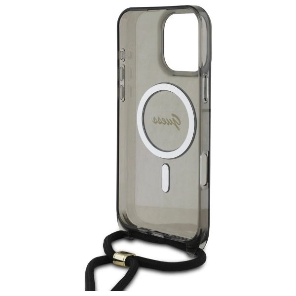 Etui Guess Crossbody Cord Script MagSafe na iPhone 16 Pro - czarne