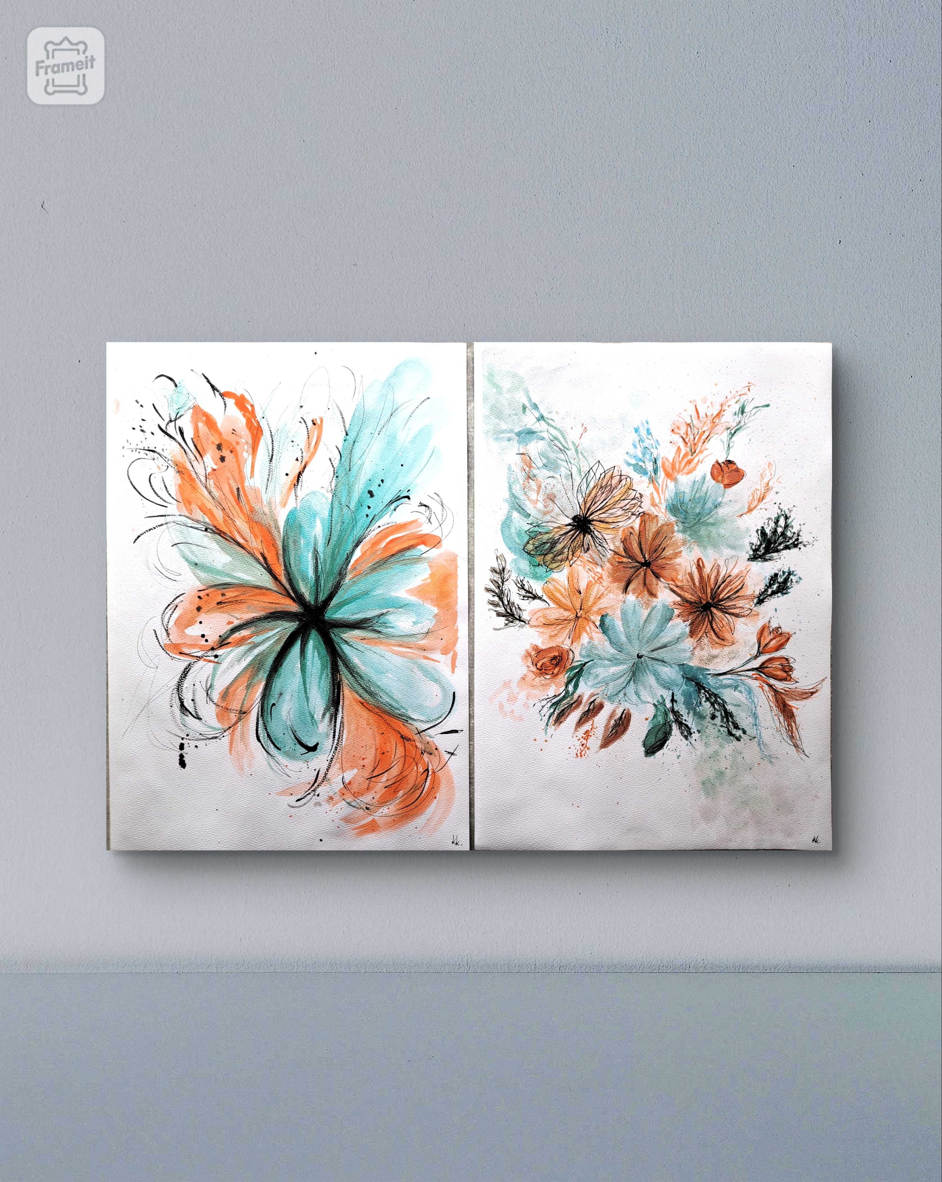 Dyptyk abstrakcja kwiaty jesień turkus obrazy akwarela 2xA3 60x42cm