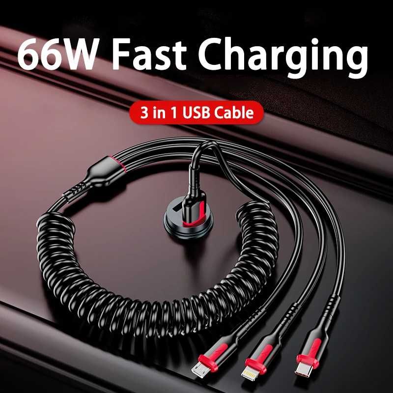 Kabel 3w1 ładowanie telefonów  sprężynka czarny 66W 1 metr