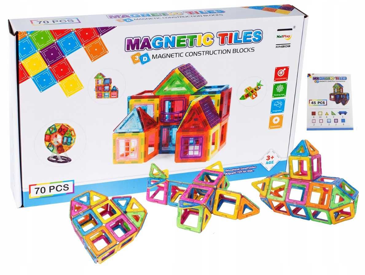 klocki magnetyczne malplay magnetic tiles edukacyjne 70 elementów!