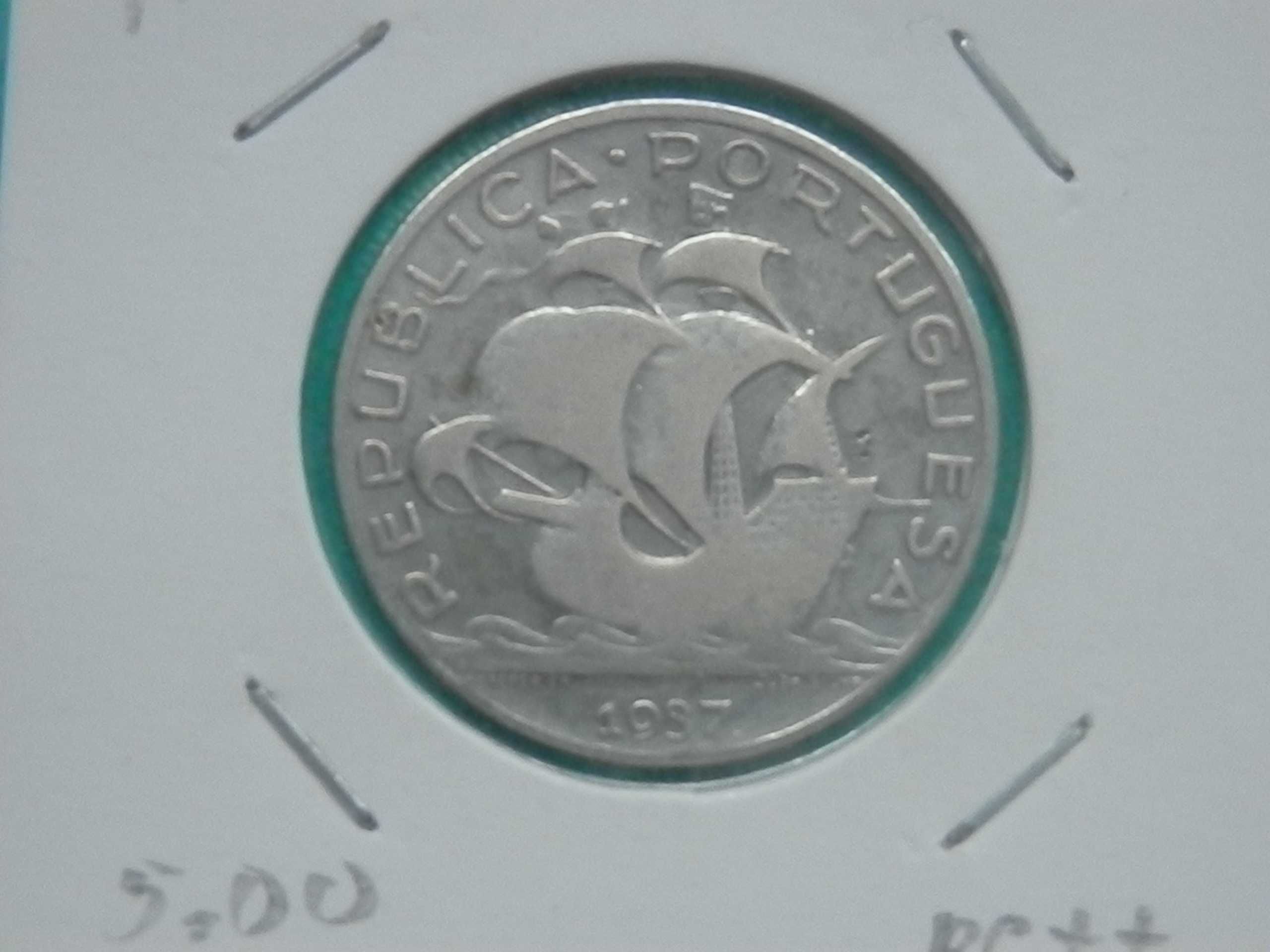 1002 - República: 5$00 escudos 1937 prata, por 12,00