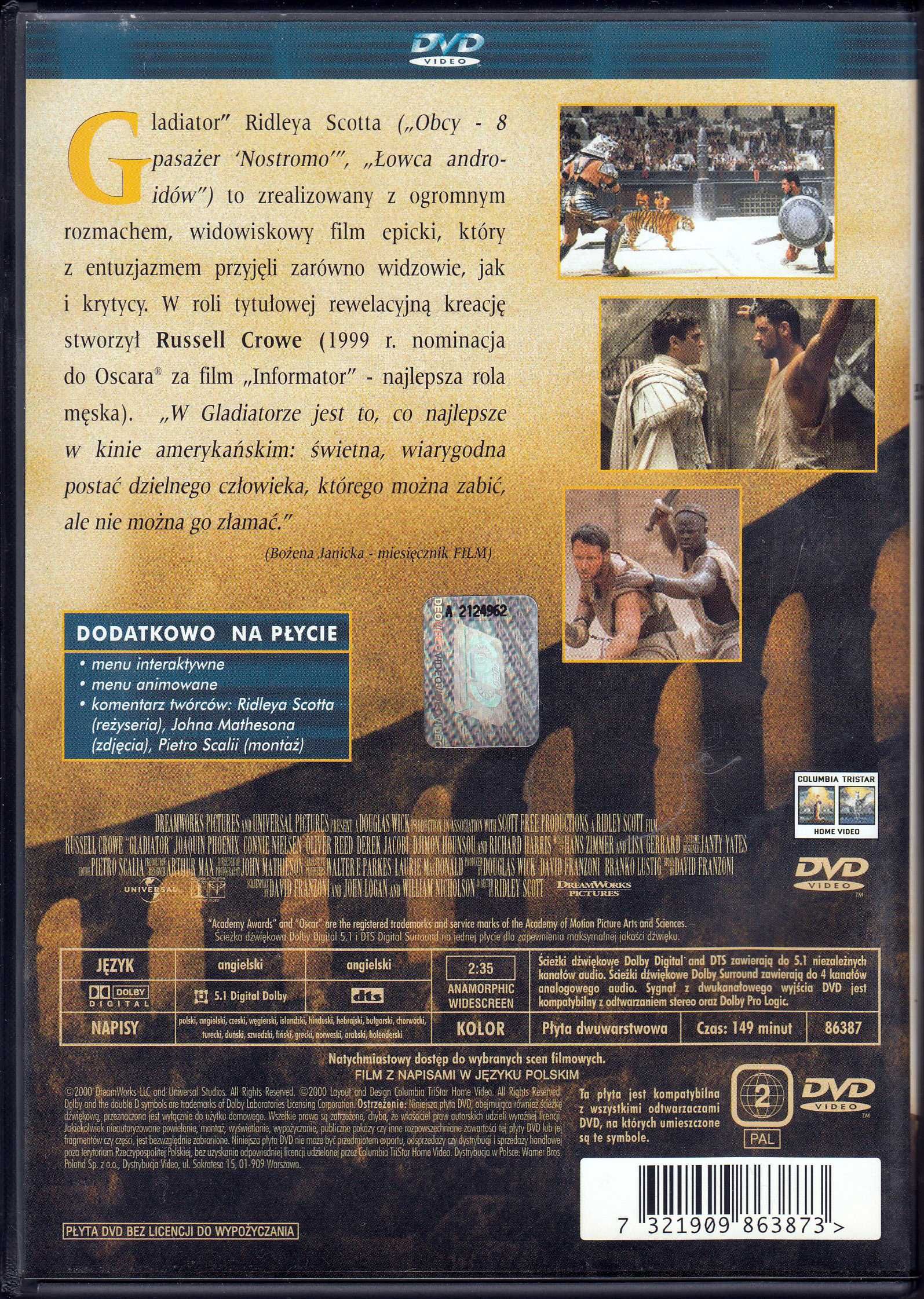 Film Gladiator- płyta DVD