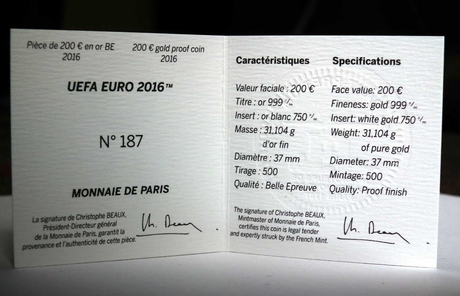 Złota Moneta 200 EURO UEFA Francja 2016 Nakład 500 Sztuk