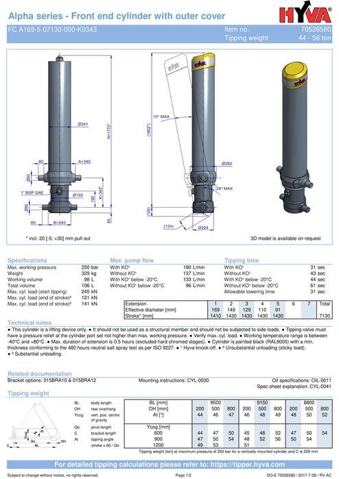 Гідроциліндр підйому кузова Hyva FС A169-5-07130, 250 bar