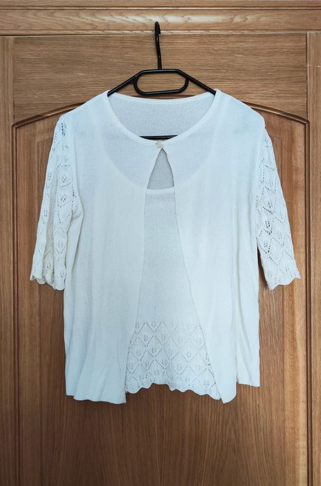 Piękny komplet ażurowy bluzka top na ramiączkach i sweter narzutka s m