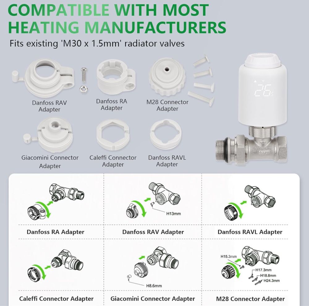 Zigbee Termostat TRV601 z 6 adapterami